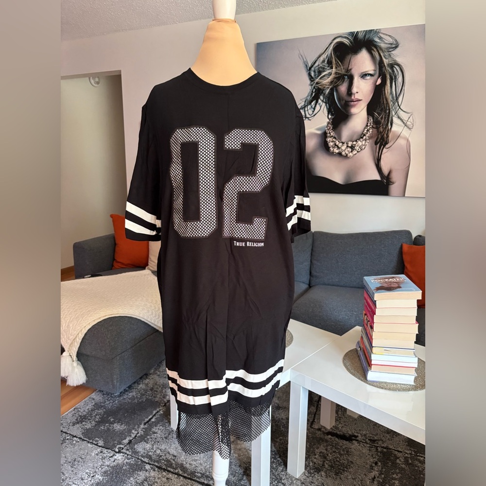 True Religion Black Graphic '02' Tee Dress with White Stripes
